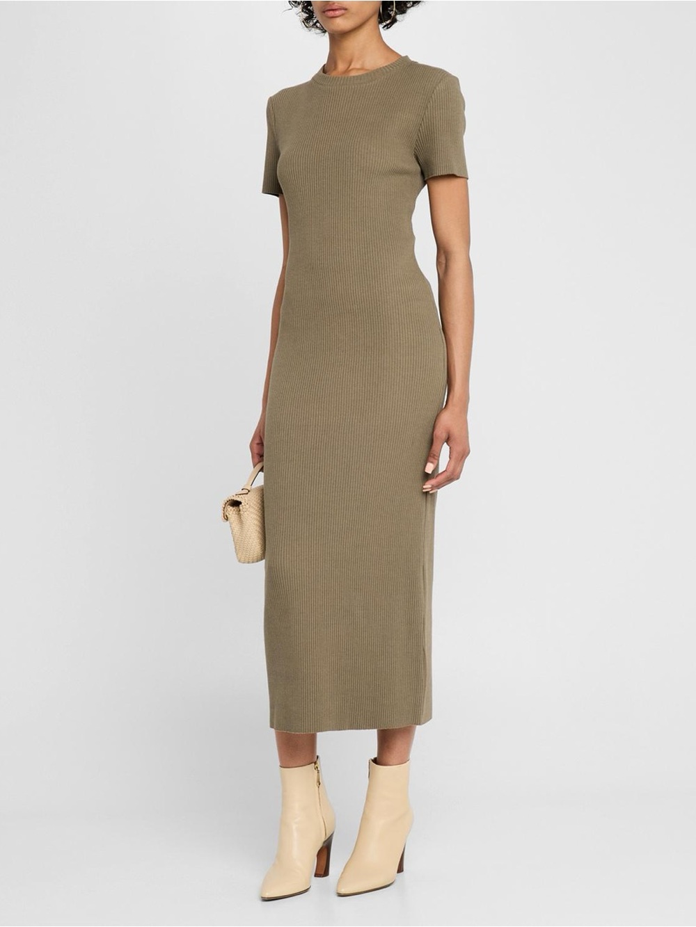 VINCE [$700] Ribbed Midi Dress Khaki Green